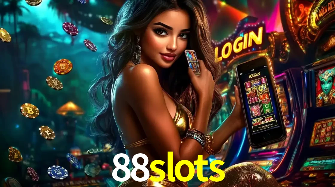 Mulher em um cenário de cassino temático de aventura, mostrando o app de caça-níqueis da 88slots no celular. Fichas de apostas flutuam ao redor.