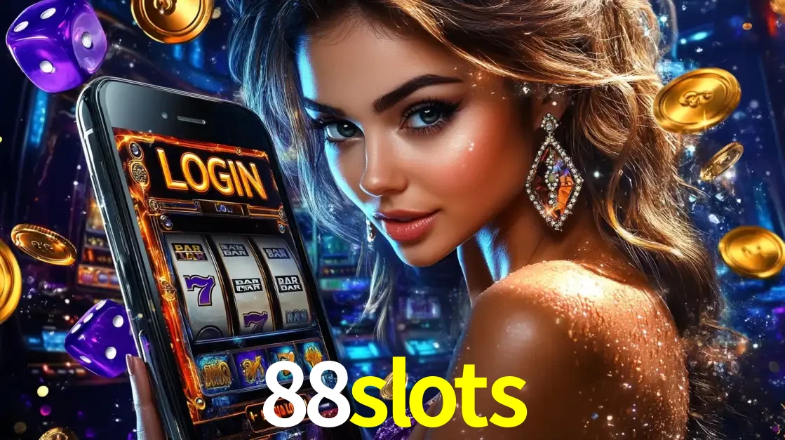 Mulher glamorosa segurando um smartphone com a tela de login para os jogos de caça-níqueis do cassino online 88slots, com moedas de ouro e dados ao redor.