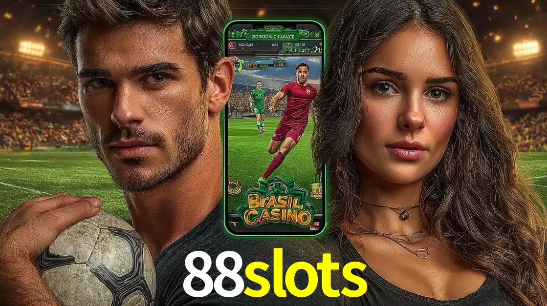 Homem segurando uma bola de futebol e uma mulher ao lado de um smartphone exibindo o jogo de apostas esportivas da 88slots. Faça seu palpite no cassino online.